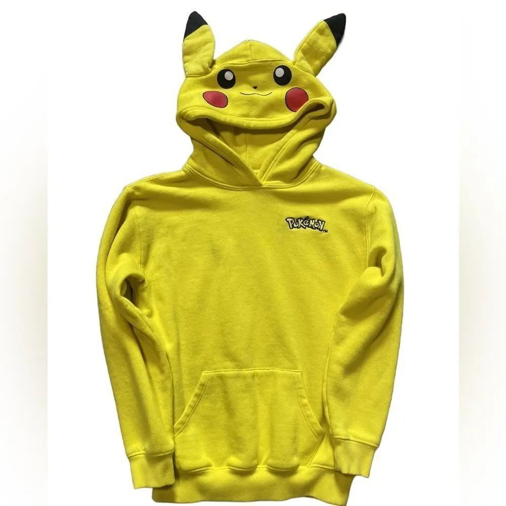 Kids' Pokémon Pikachu Bright Yellow Pullover Hoodie w/Ears & Logo (Size: 11/12)